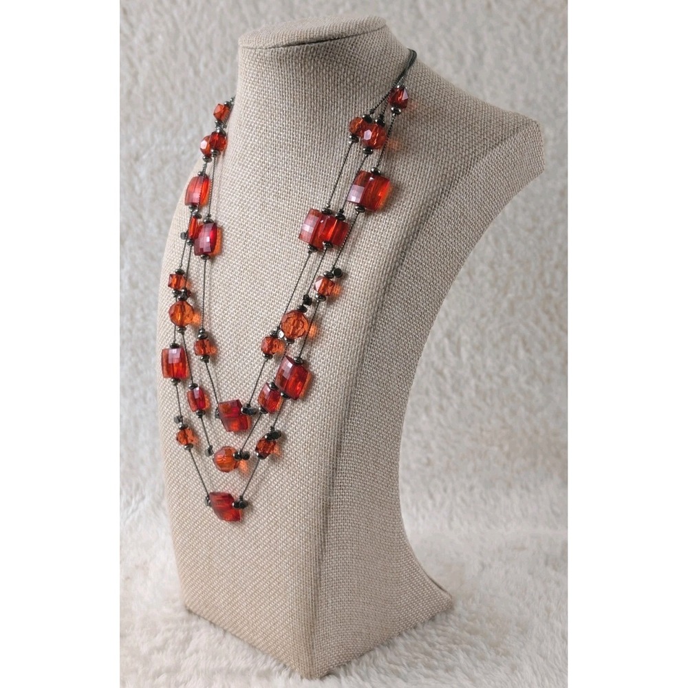 Red Glass Bead Layered Necklace Gunmetal Tone‎ Multi Strand Statement
